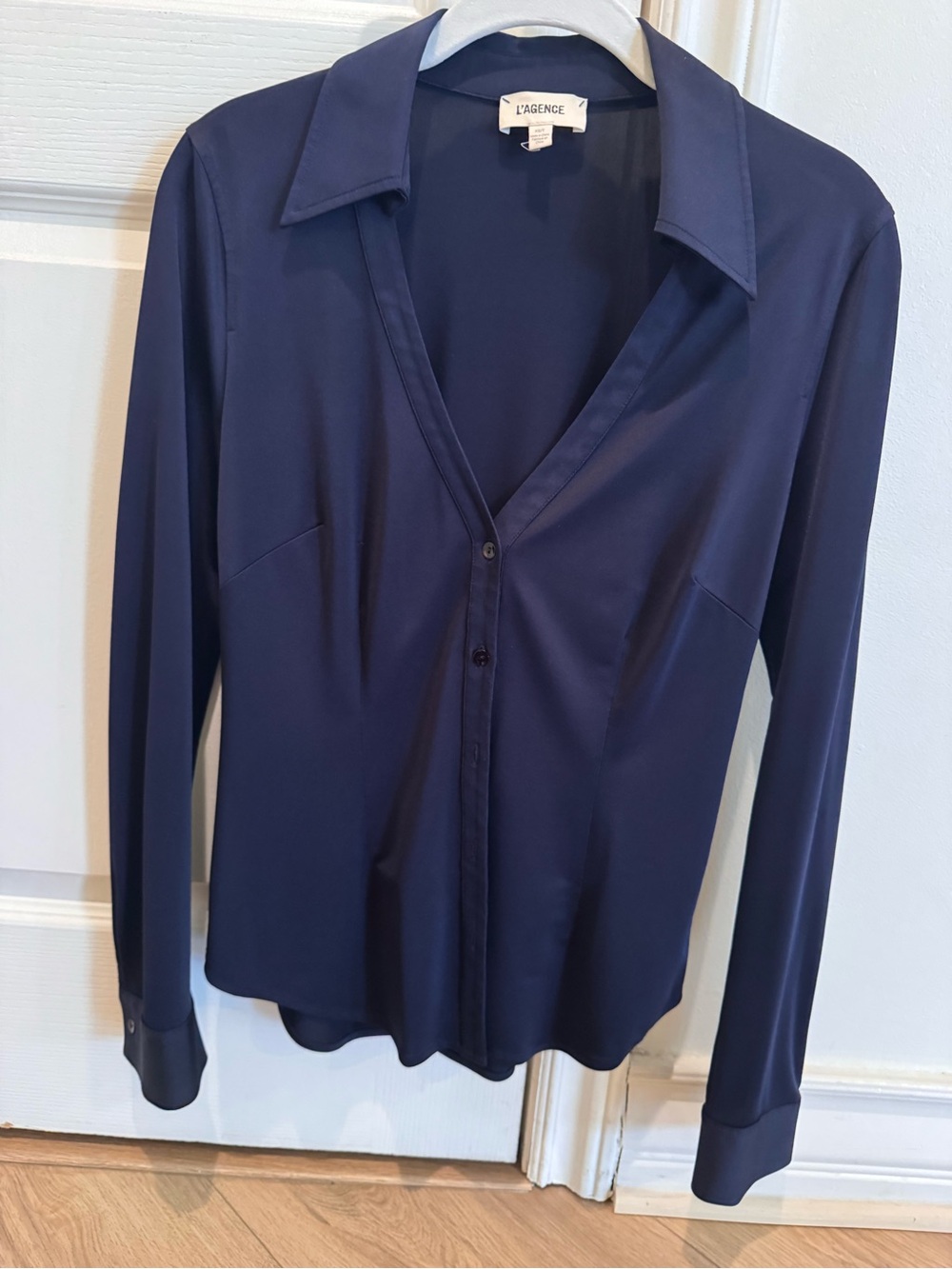 L'AGENCE Deep Navy Stretch Silky Button-Down Shirt